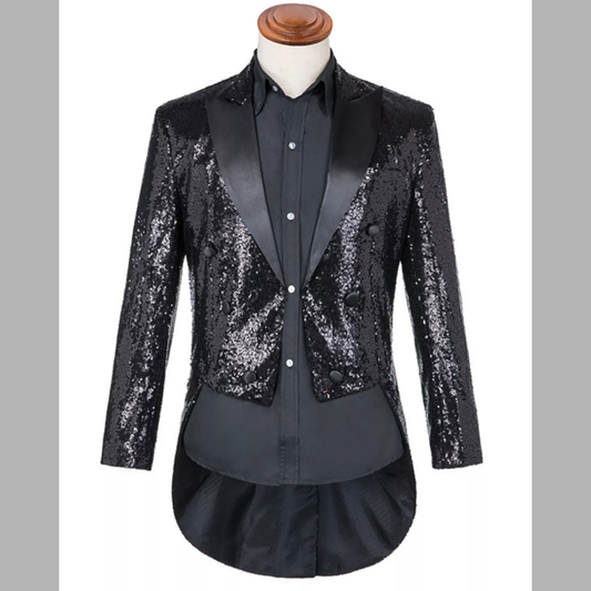 Men's Plus Size Sequin Button Up Long Sleeve Tailcoat Blazer