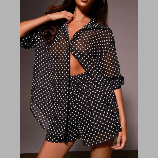 Polka Dot Button Up Shirt and Shorts Set