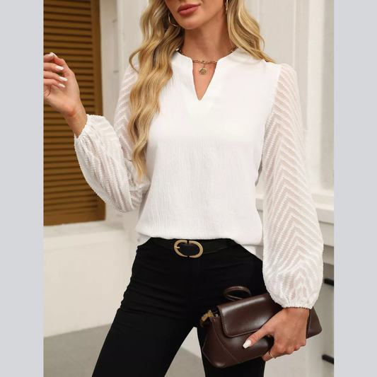 Notched Balloon Sleeve Blouse