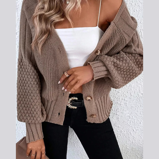 Mixed Texture Knit Button V Neck Sweater Cardigan
