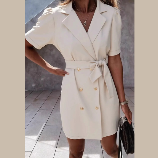 Lapel Collar Short Sleeve Tie Waist Mini Dress