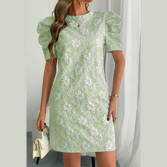 Round Neck Puff Short Sleeve Mini Dress