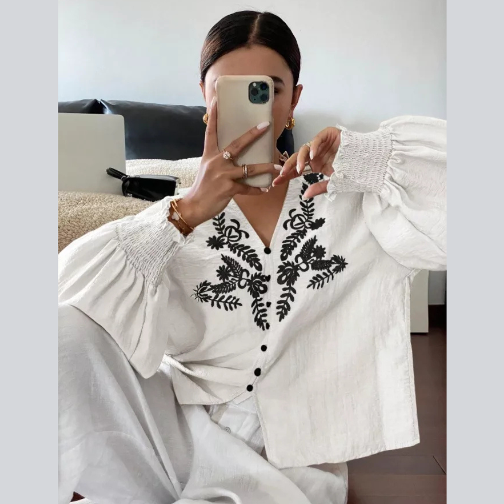 Embroidered Notched Long Sleeve Blouse