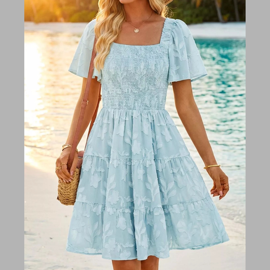 Smocked Square Neck Tiered Mini Dress