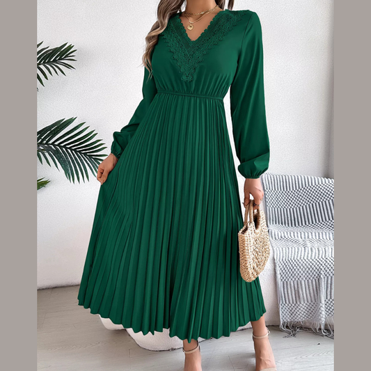 Lace Detail V-Neck Pleated Dress