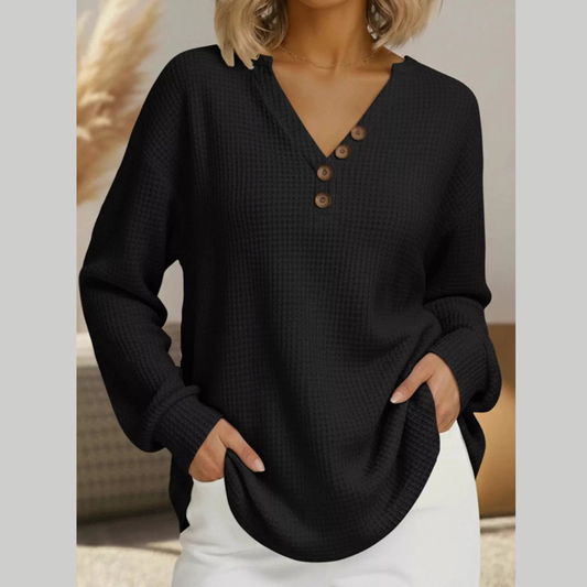 Full Size Casual Waffle Knit V-Neck Long Sleeve T-Shirt Plus Size