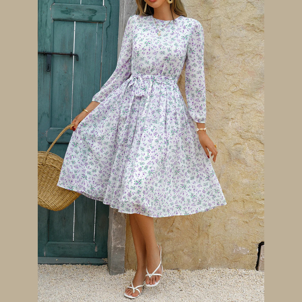 Floral Round Neck Long Sleeve Midi Dress