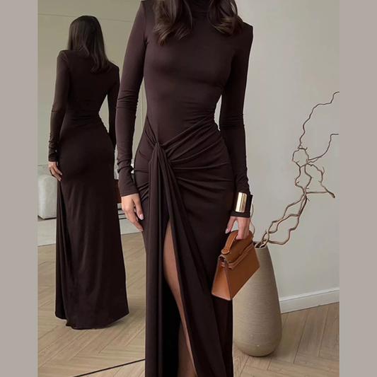 Turtleneck Long Sleeve Slit Maxi Dress
