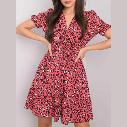 Leopard Print Tie Front Short Sleeve Mini Dress