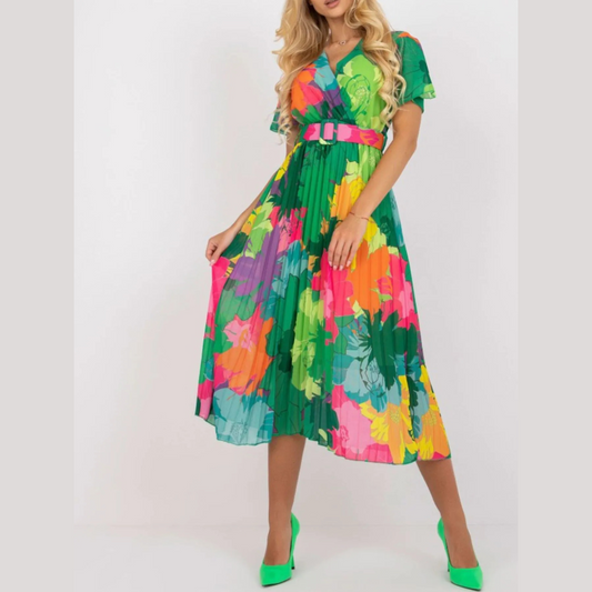 Printed Pleated Midi Wrap Dress with Belt