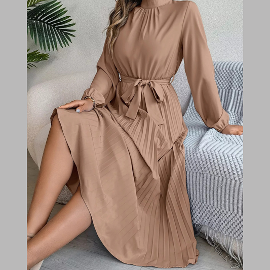 Mock Neck Pleated Midi Dress