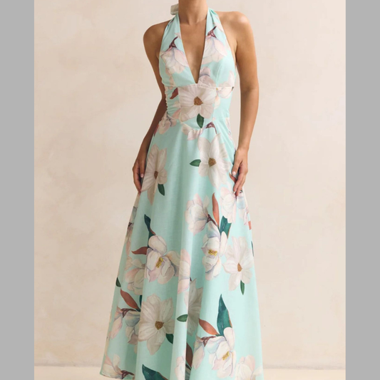 Floral Print Halter Neck Maxi Dress