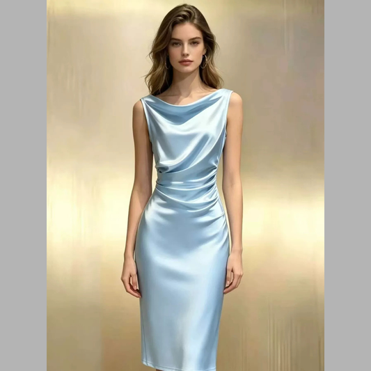 Satin Cowl Neck Ruched Sleeveless Dress