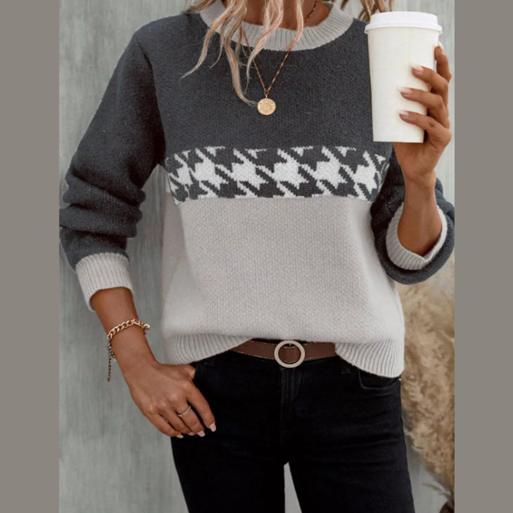 Houndstooth Pattern Color Block Sweater