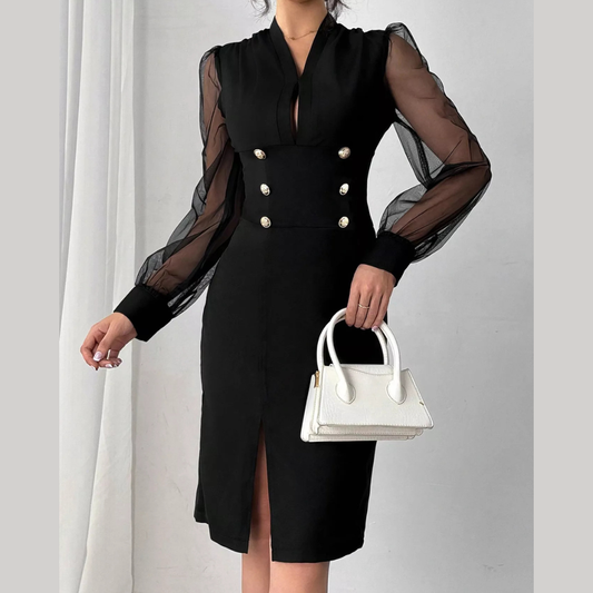 Slit Front Sheer Sleeve Dress