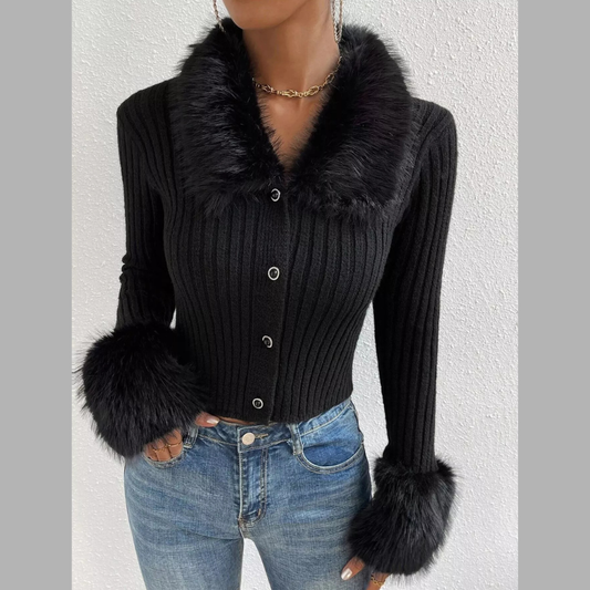 Faux Fur Trim Ribbed Knit Cropped Cardigan