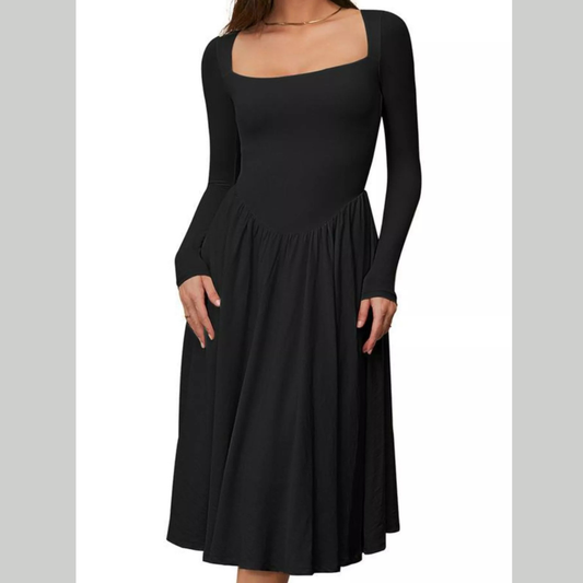 Square Neck Long Sleeve Midi Dress