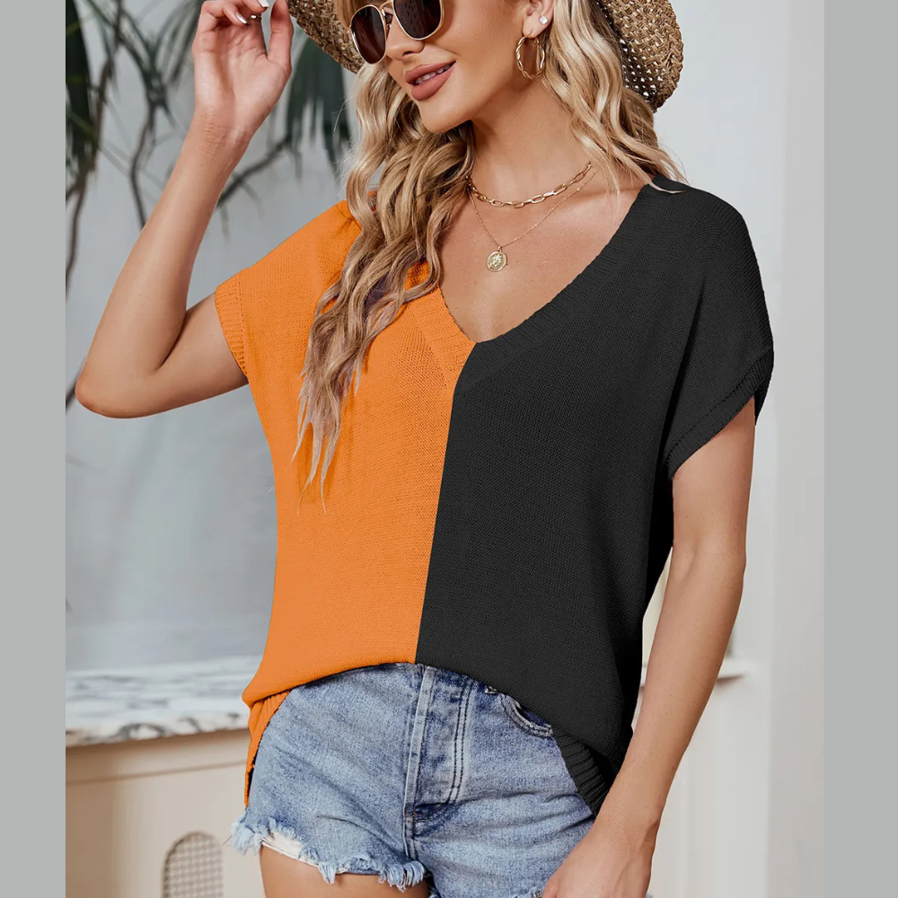 Color Block V-Neck Short Sleeve Knit Top