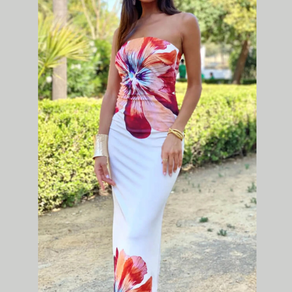 Floral Print Strapless Bodycon Maxi Dress