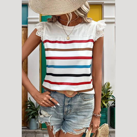 Striped Round Neck Cap Sleeve T-Shirt