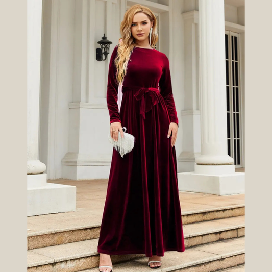 Tie Front Round Neck Long Sleeve Maxi Dress