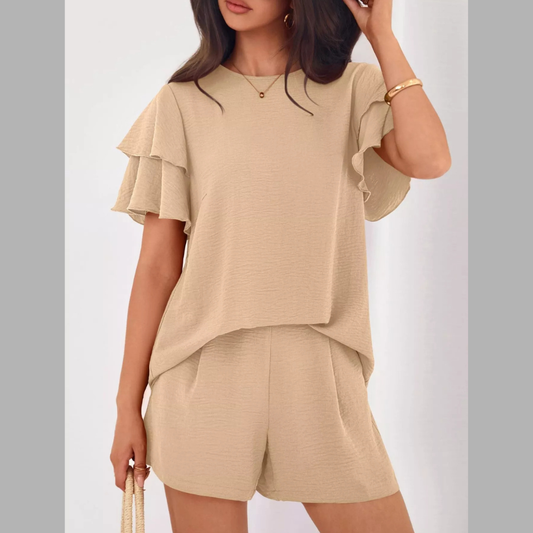 Ruffle Sleeve Top and Shorts Two-Piece Set