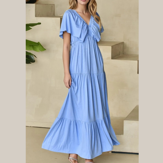 Ruffled V Neck Flutter Sleeve Maxi Dress