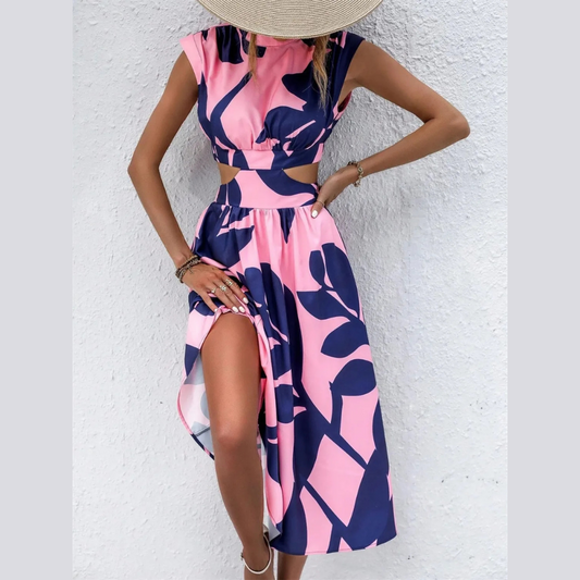 Cutout Printed Cap Sleeve Midi Dress
