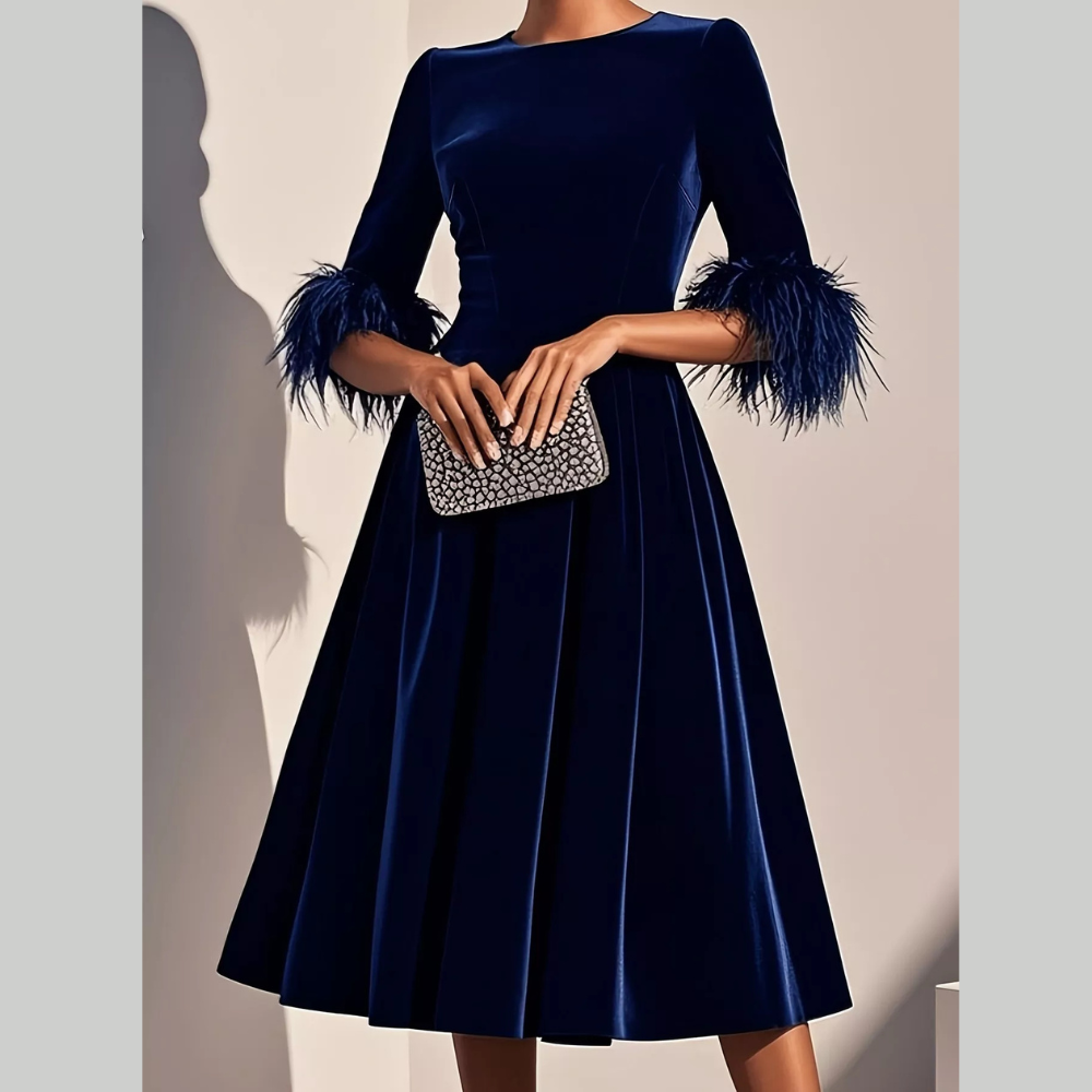 Velvet Midi Dress with Feather Cuffs