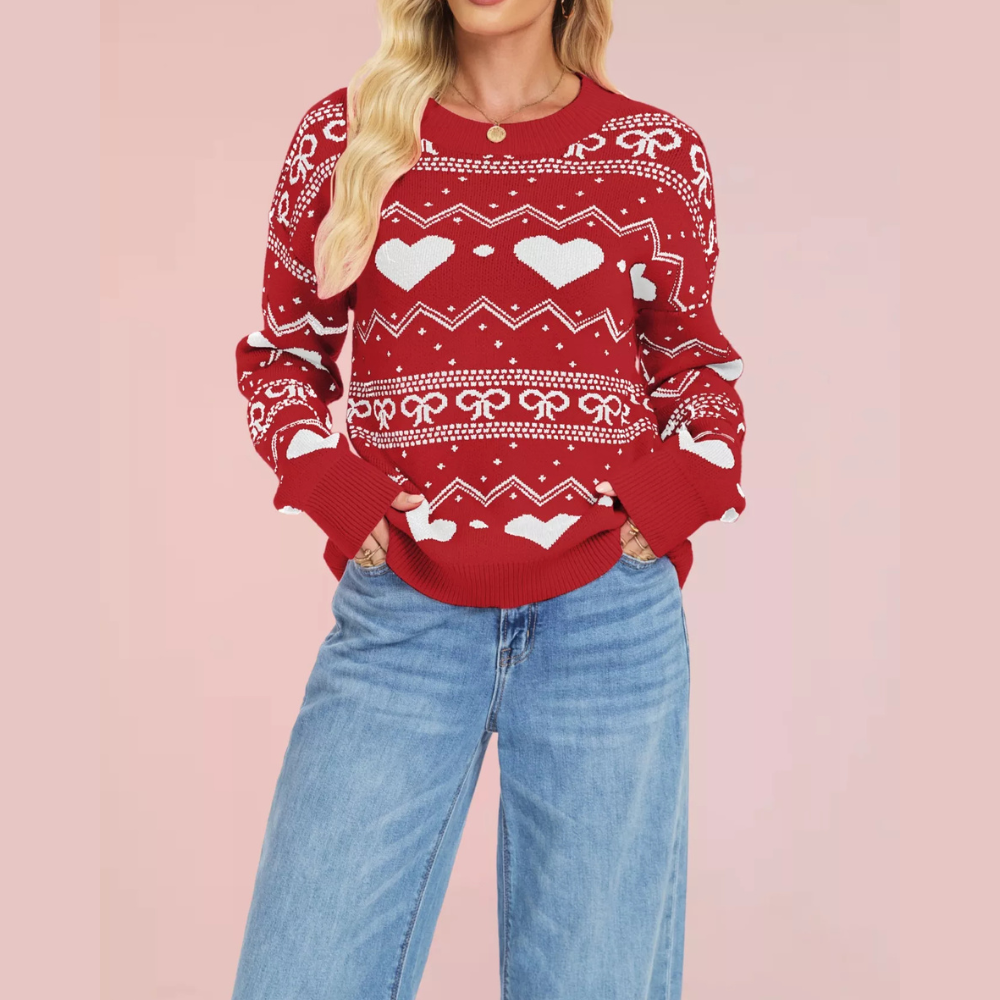 Heart & Bow Pattern Round Neck Sweater