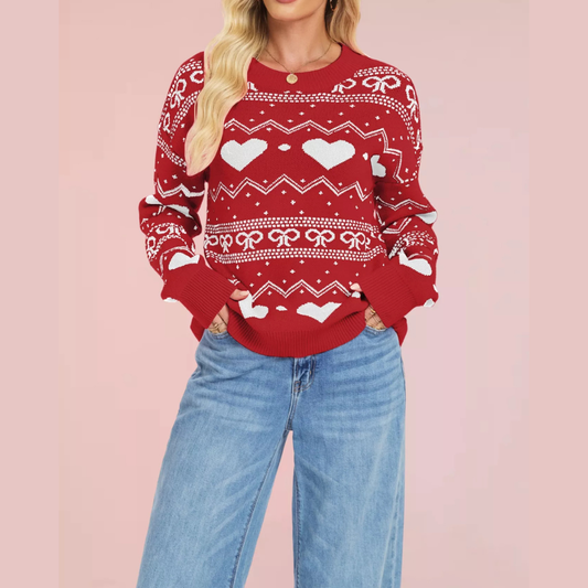 Heart & Bow Pattern Round Neck Sweater