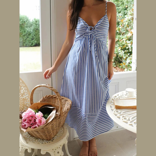 Smocked Back Striped Sleeveless Midi Cami Dress