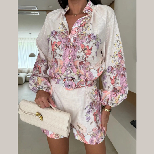 Printed Long Sleeve Shirt and Shorts Set