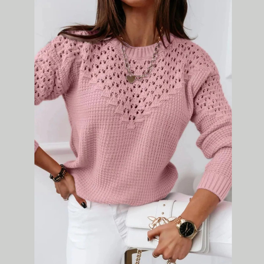 Textured Openwork Round Neck Sweater