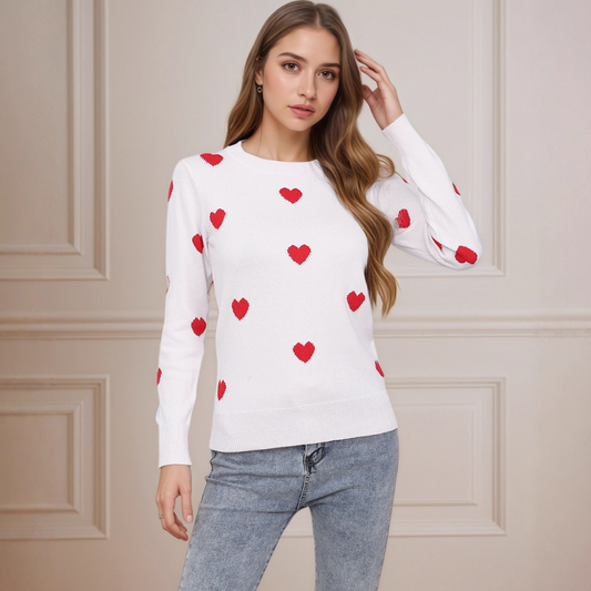 Women's Heart Jacquard Round Neck Pullover Sweater