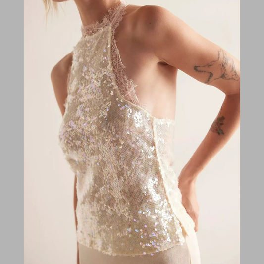 Sequin Lace Trim Halter Neck Cami