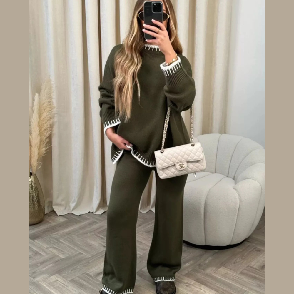 Contrast Trim Round Neck Top and Pants Sweater Set