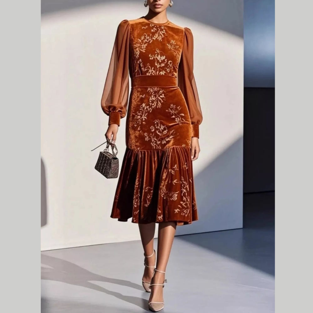 Velvet Floral Lantern Sleeve Midi Dress