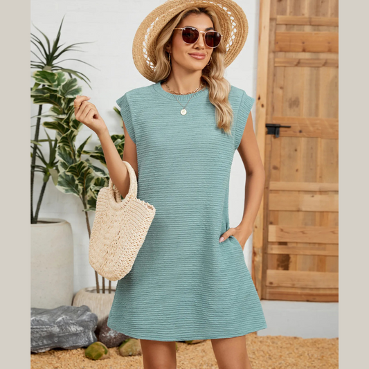 Elegant Round Neck Cap Sleeve Mini Dress