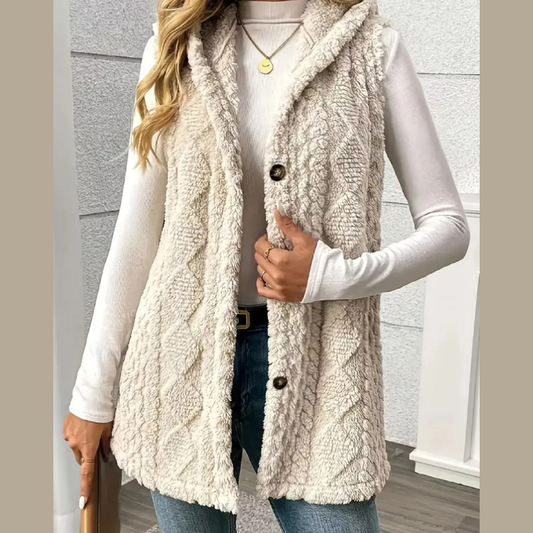 Hooded Button-Up Sherpa Vest Coat