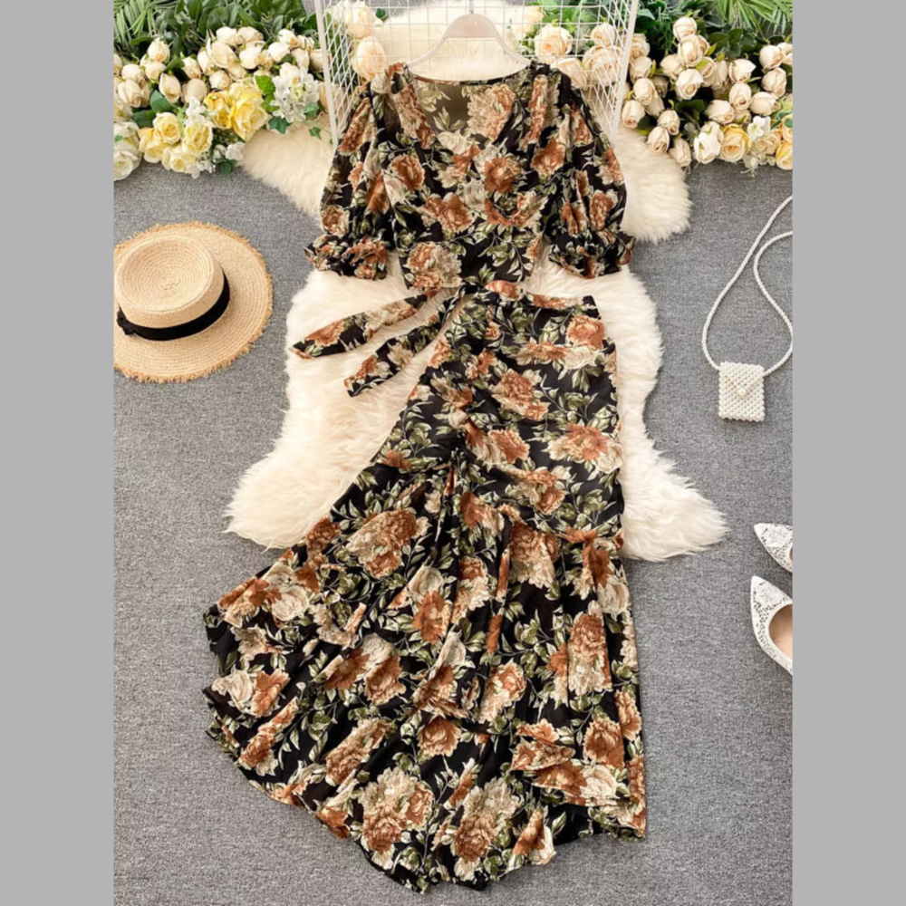 Casual Floral Print Crop Top and Skirt Set