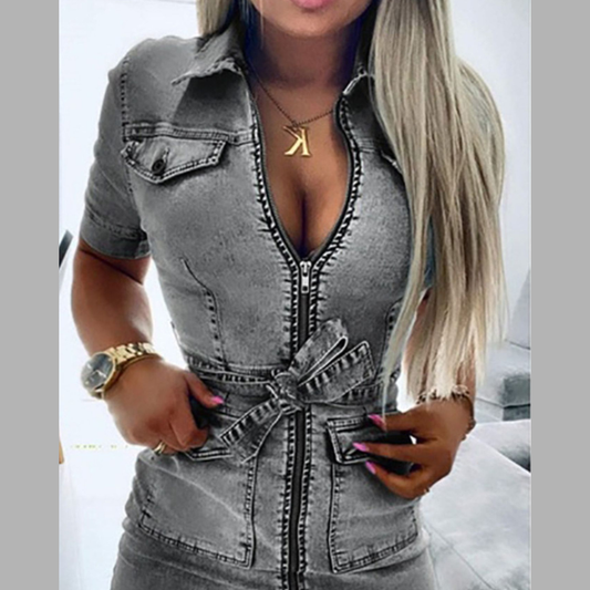 Zipper Front Short Sleeve Denim Dress