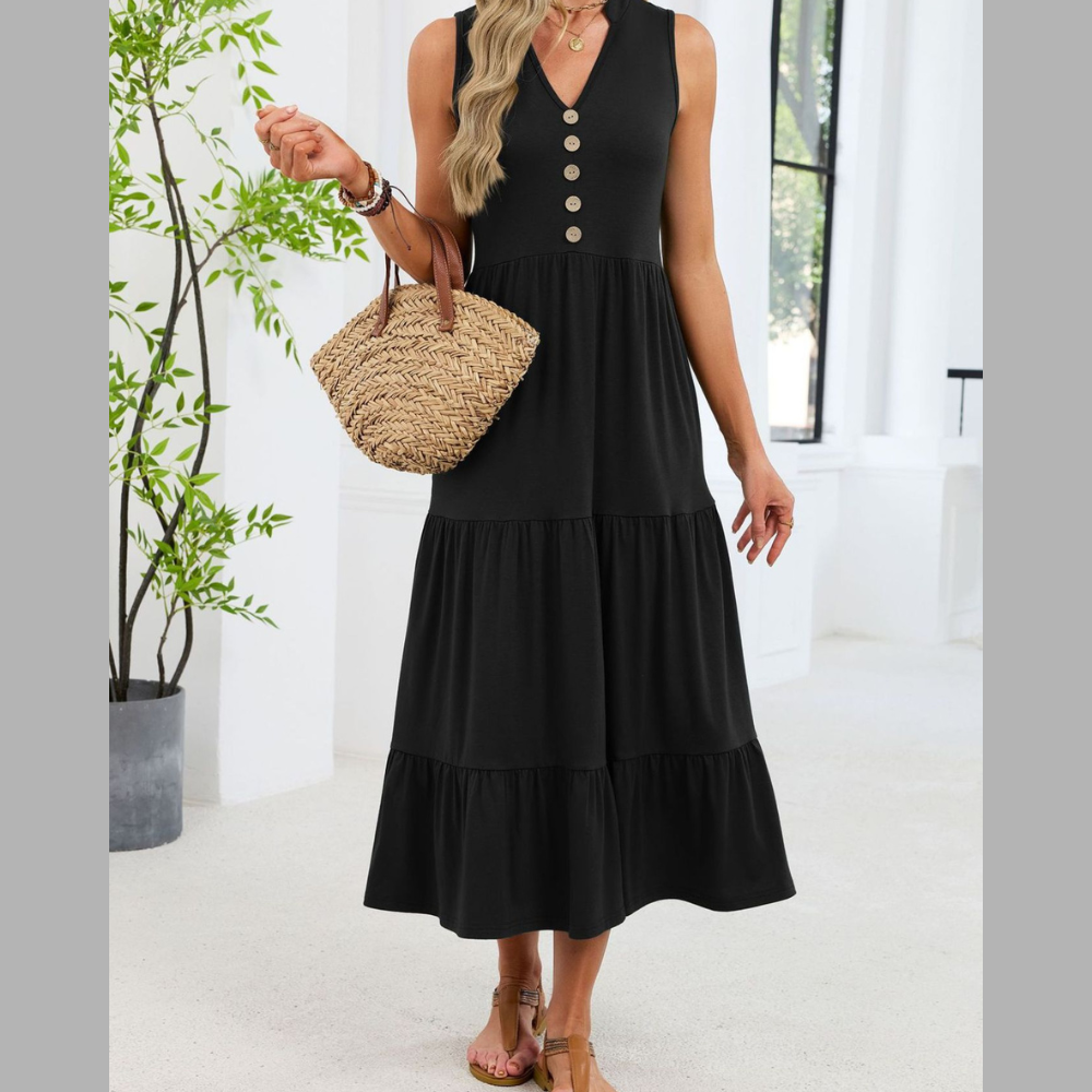 Sleeveless Notched Tiered Midi Dress