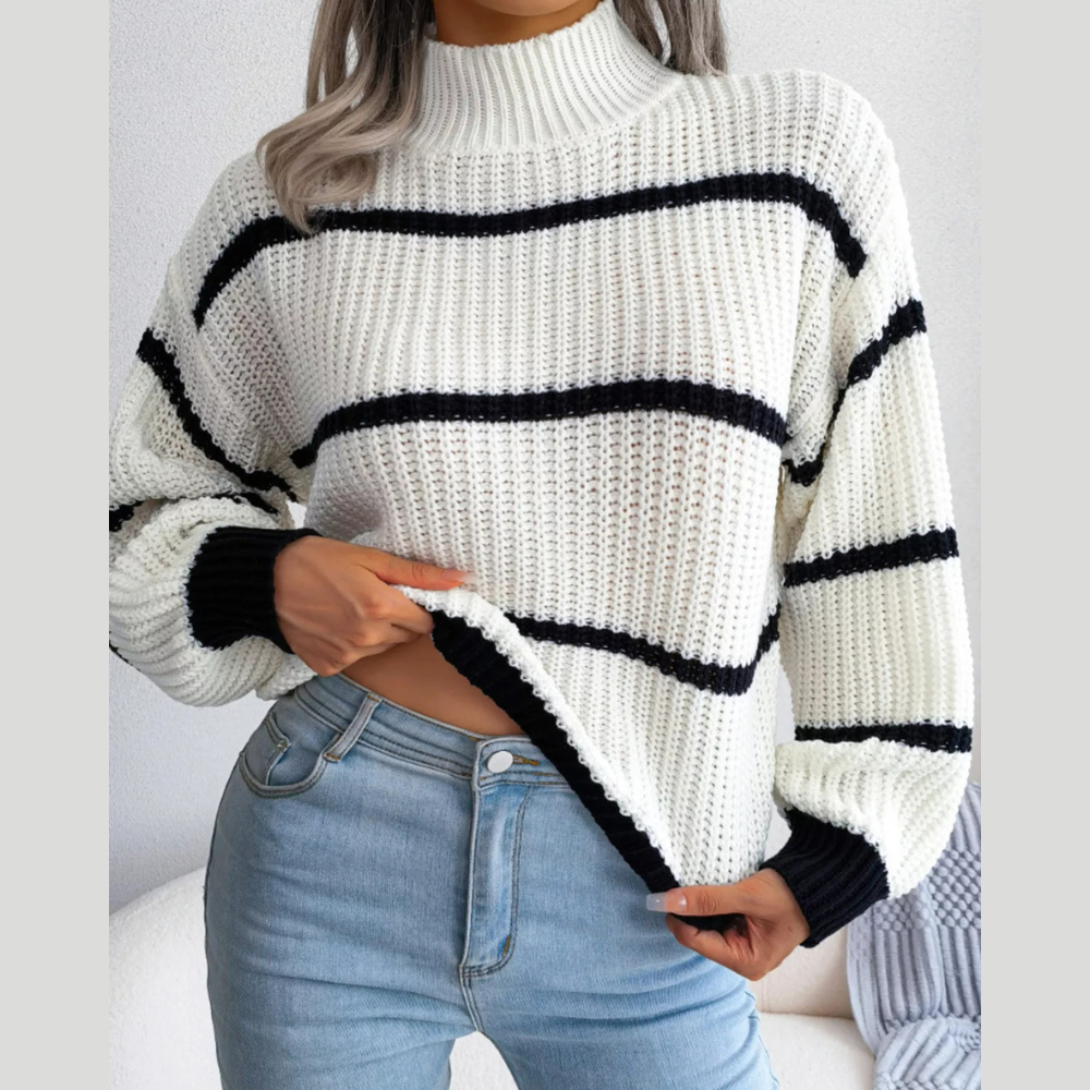 Full Size Striped Mock Neck Knit Sweater Plus Size