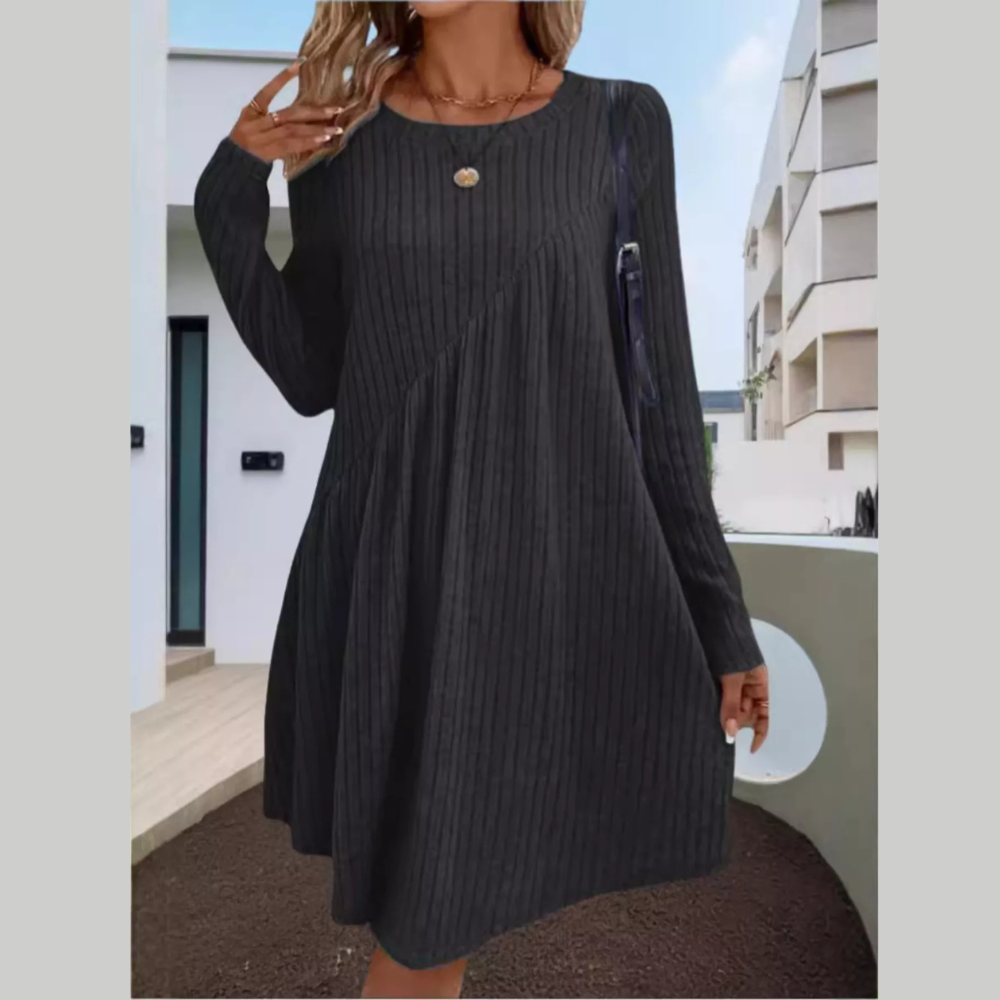 Casual Ribbed Knit Long Sleeve Swing Dress