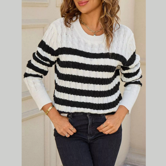 Striped Cable Knit Round Neck Sweater