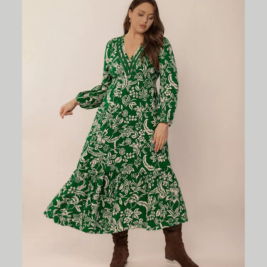 Plus Size Botanical Print Long Sleeve Midi Dress