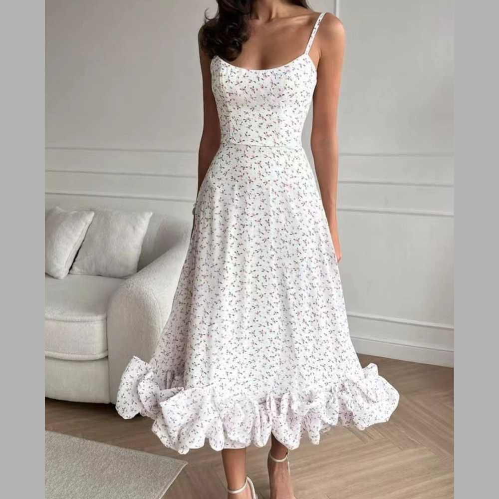 Floral Print Ruffle Hem Spaghetti Strap Midi Dress