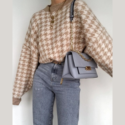 Full Size Houndstooth Pattern Oversized Sweater Plus Size