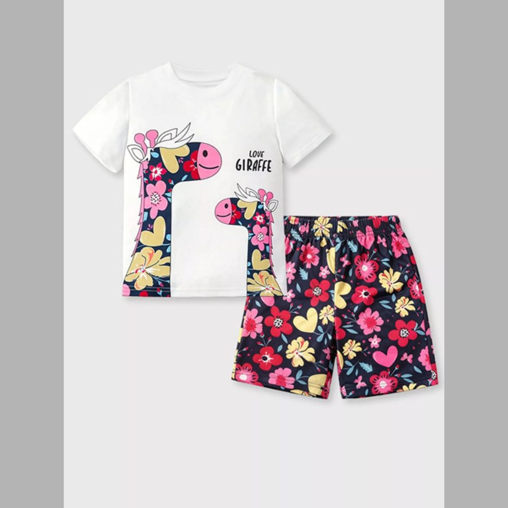 Children's Giraffe Floral Print Tee and Shorts Set